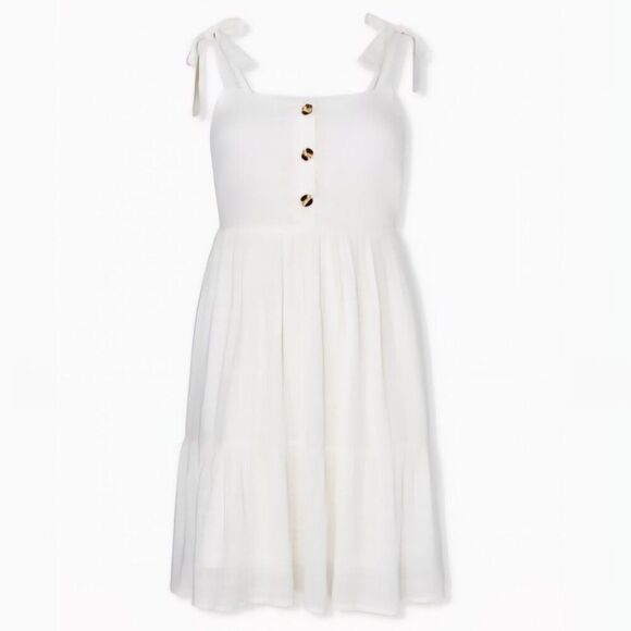 Torrid - L/12 Ivory Textured Button Tiered Shirred Hem Skater Dress. Plus size - Picture 1 of 8